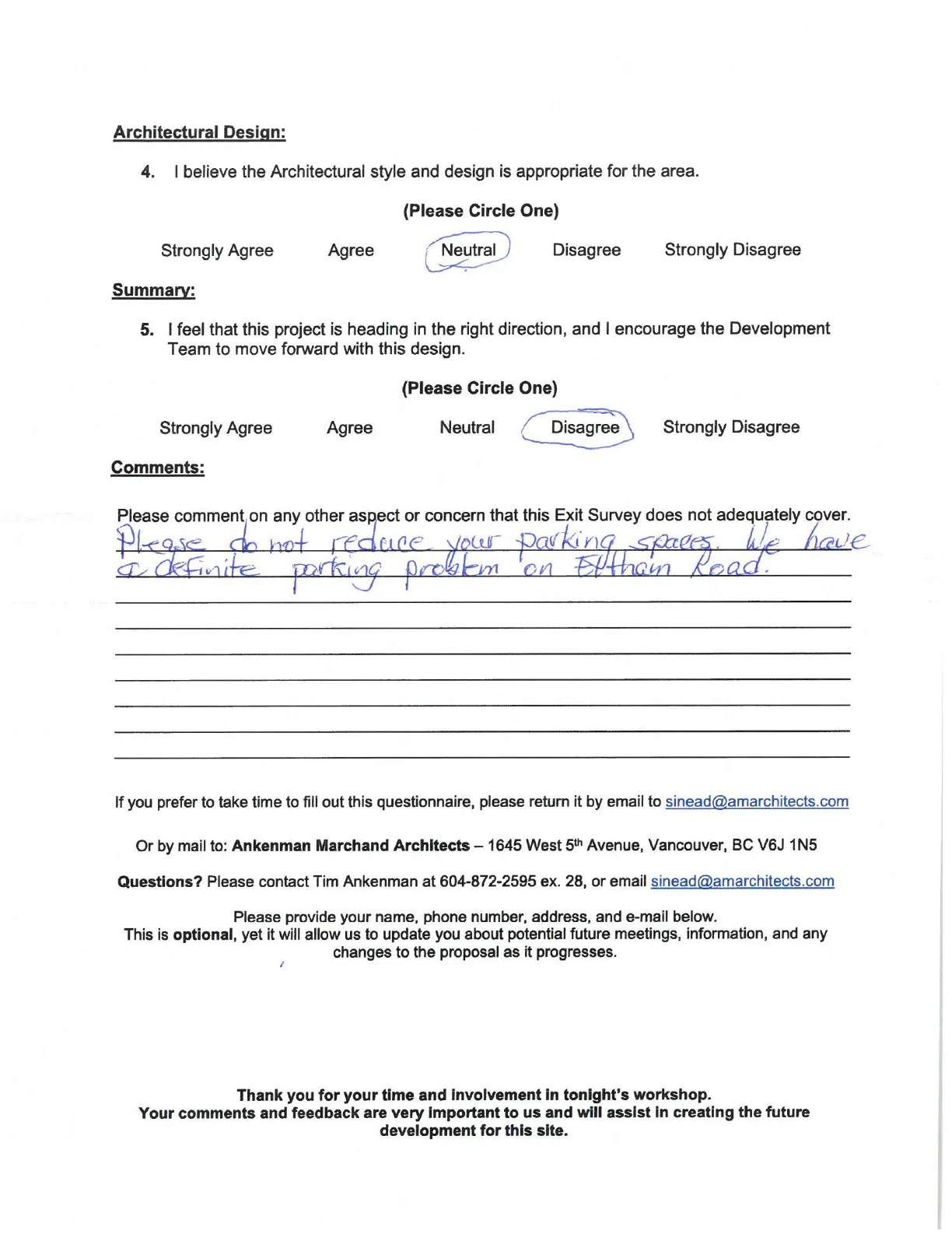 Community Workshop Exit Survey - Architectural Design and Summary Section