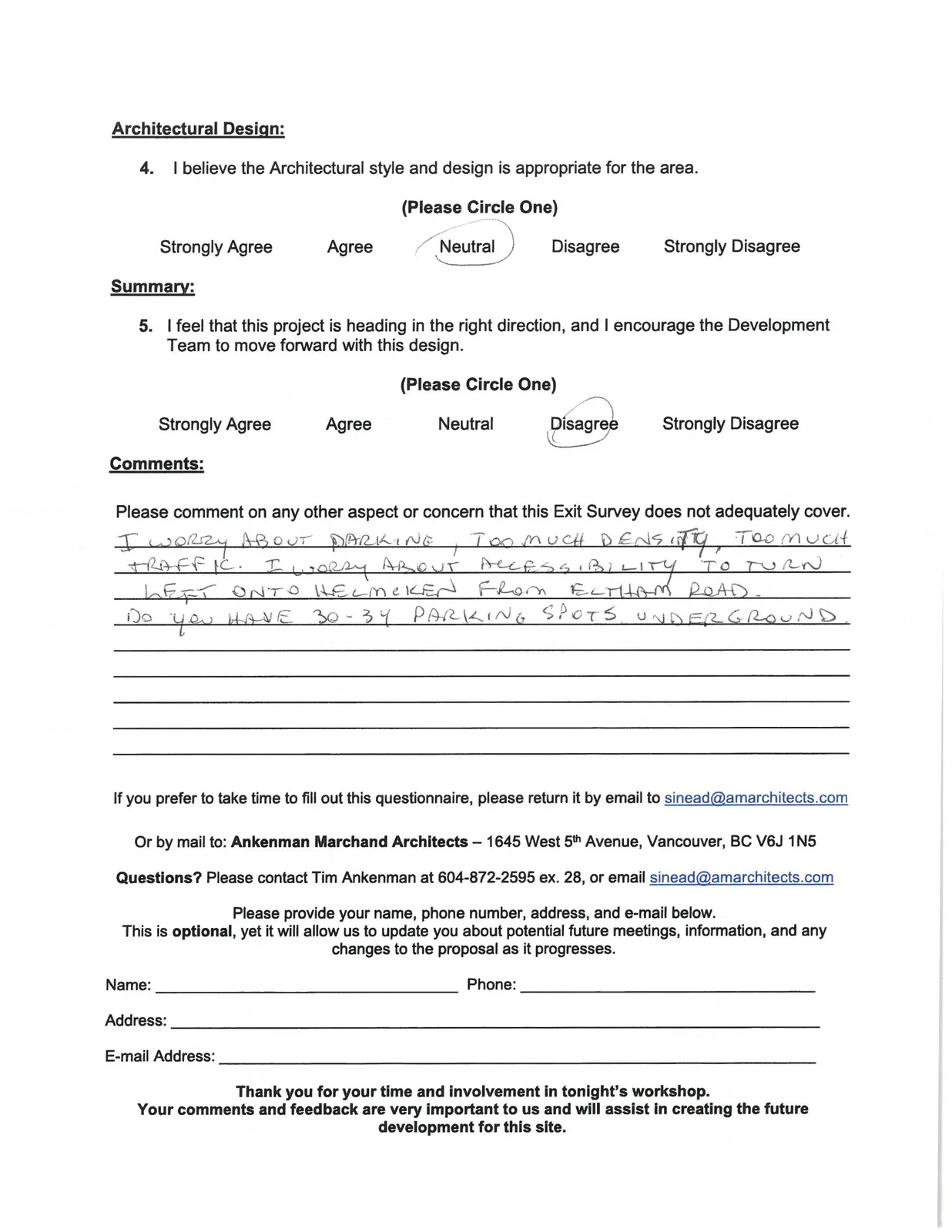 Community Workshop Exit Survey - Architectural Design and Summary Section