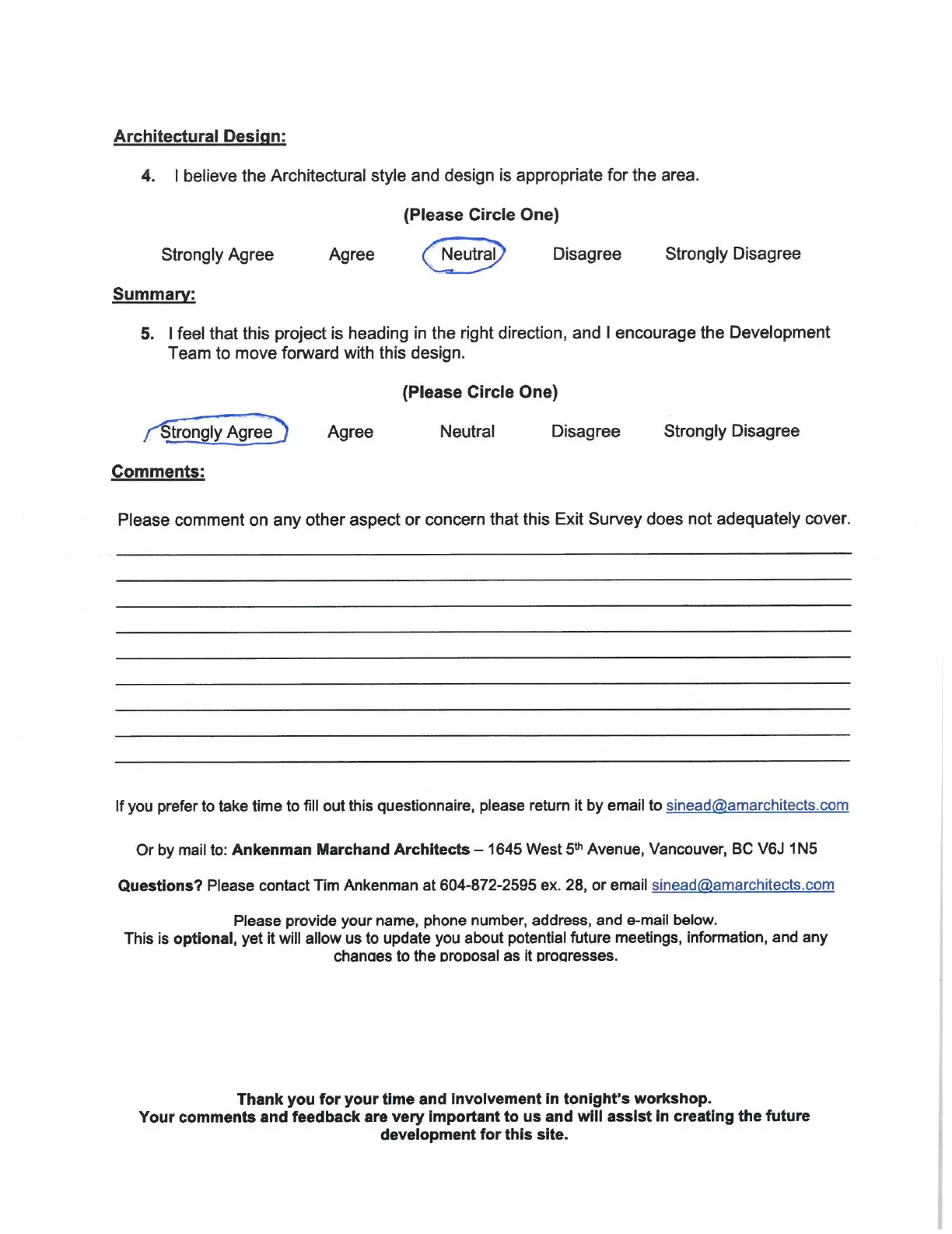 Community Workshop Exit Survey - Architectural Design and Summary Section