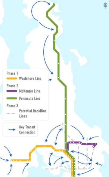 Map of the RapidBus network plan showing Phase 1, 2, and 3 lines across Greater Victoria