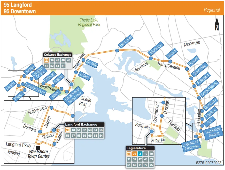 Detailed geographic map showing the route of the 95 Langford/95 Downtown line with all designated stops from Westshore Town Centre to the Legislature Exchange
