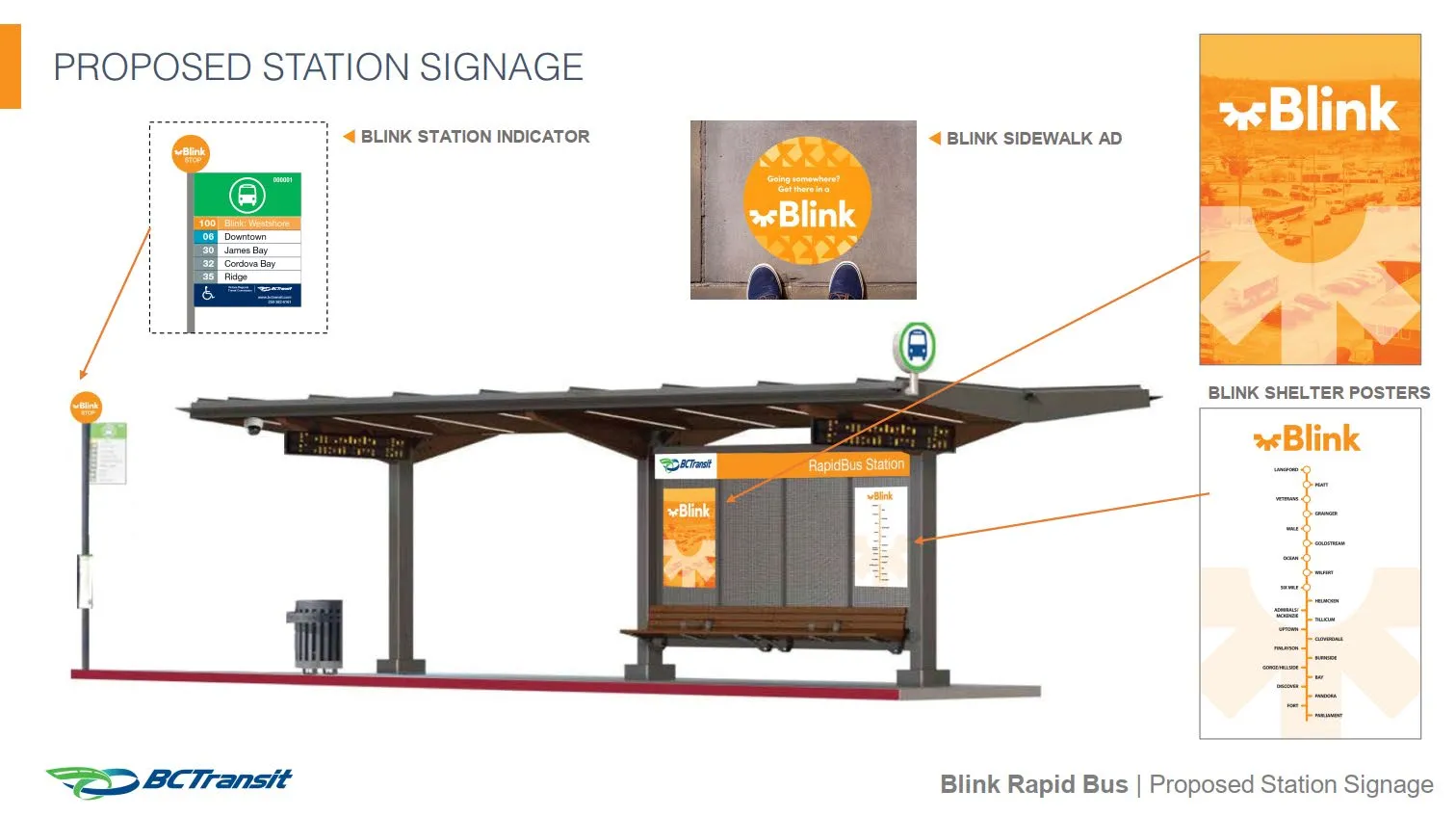 Architectural rendering of a proposed RapidBus station shelter with labels for signage