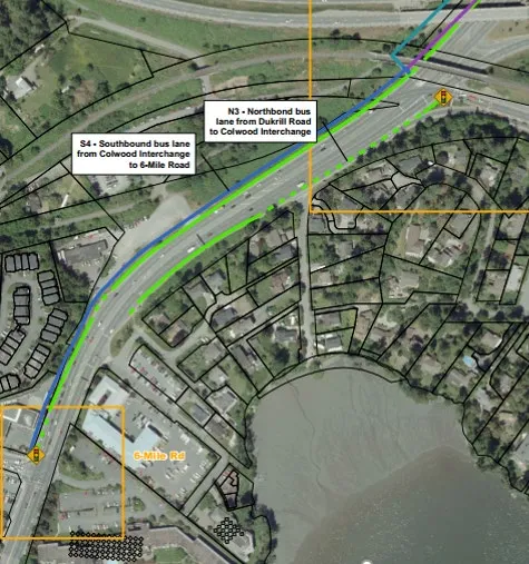 Aerial view of the Wale/Ocean Blvd intersection highlighting the proposed S5 - Southbond bus lane and N2 - Northbond bus lane