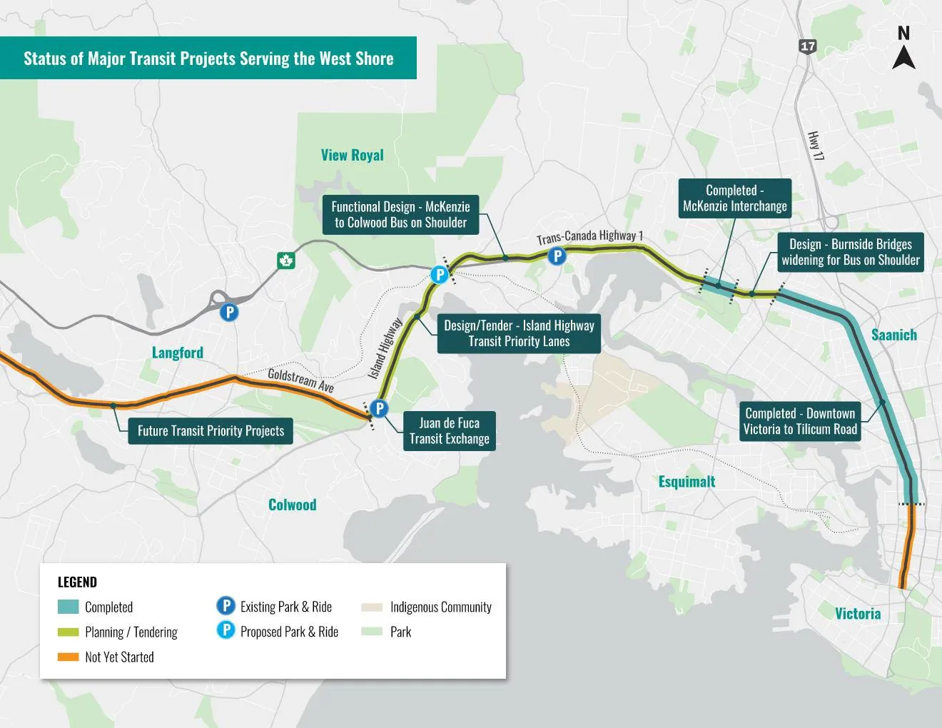 Map showing the status of major transit projects serving the West Shore, including completed projects, those in planning or tendering, and those not yet started along Highway 1 and the Island Highway.