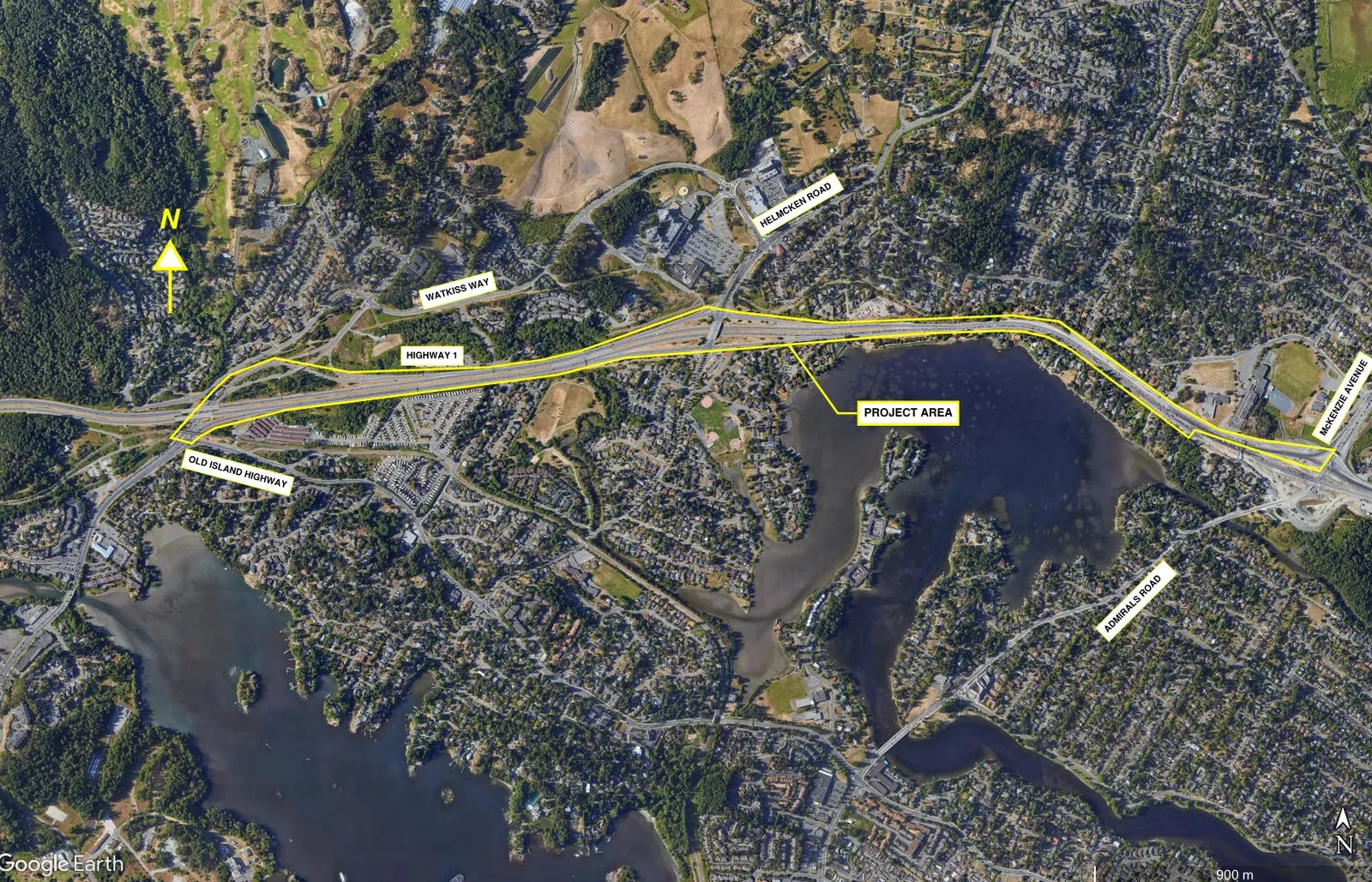 Satellite map highlighting the project area along Highway 1, extending from McKenzie Avenue to the interchange with Old Island Highway.