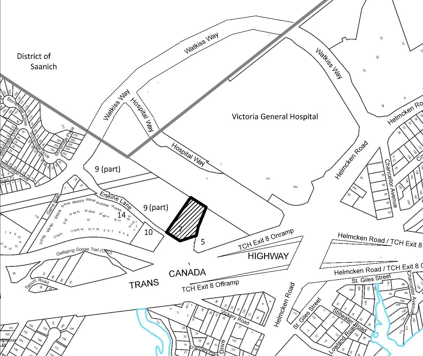 Vicinity map showing 7 Erskine Lane location relative to Victoria General Hospital and Trans Canada Highway