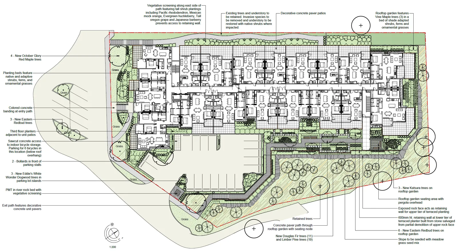 Detailed landscape and site plan with annotations for trees, plantings, and architectural features