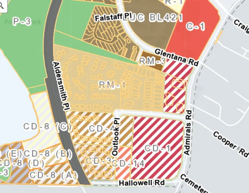 Map of CD-1 zoned properties affected by Amendment Bylaw 1117, highlighting 1511 Admirals Road, 100 Aldersmith Place, and 1495 Admirals Road