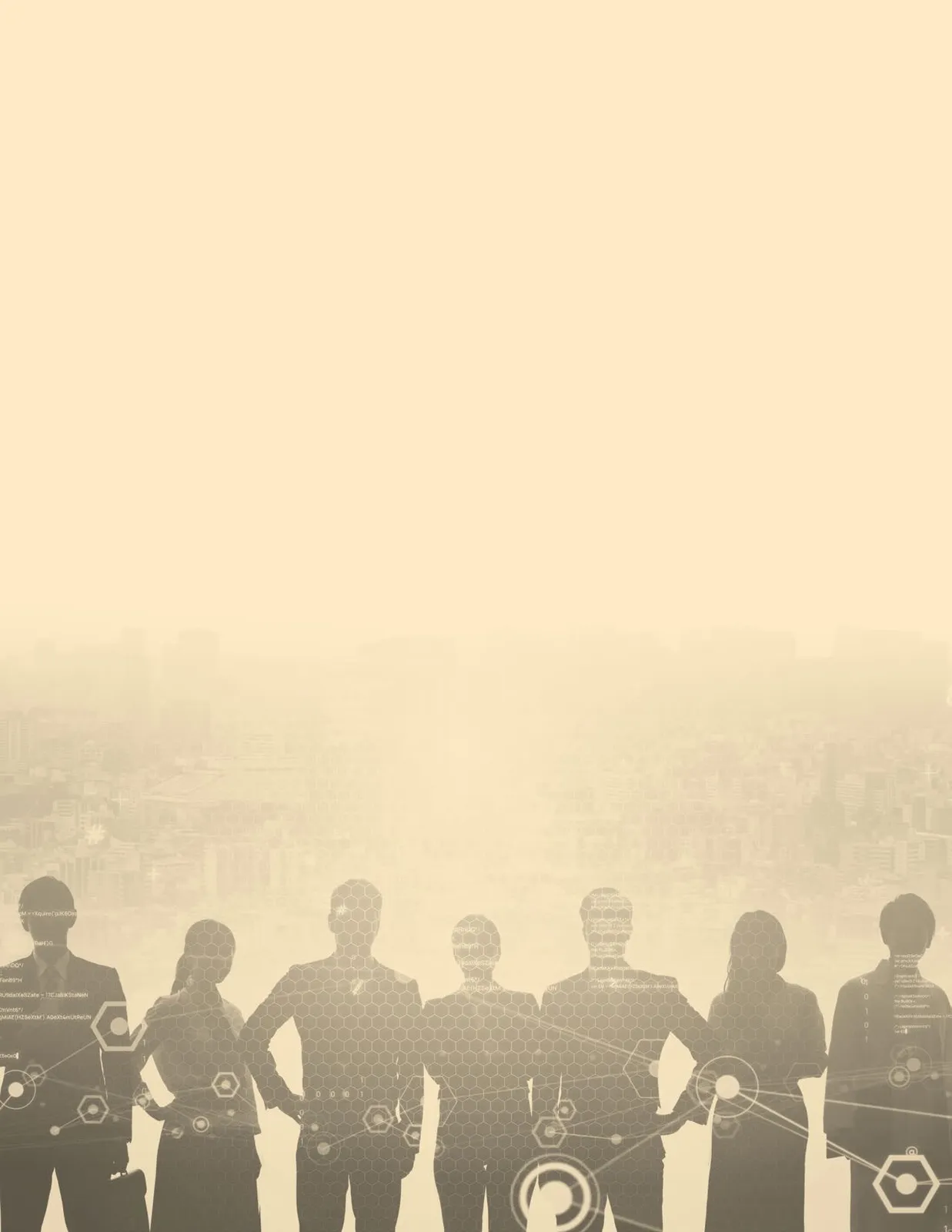 Sepia-toned silhouettes of people against a faded city skyline background