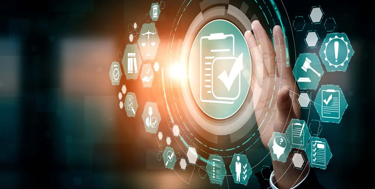 A hand interacting with a digital display of various compliance and legal icons