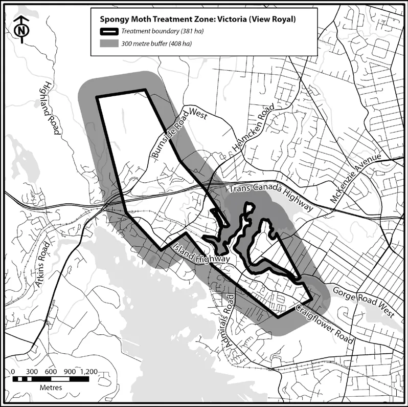 Map of the Spongy Moth Treatment Zone in Victoria (View Royal) showing the 381 ha treatment boundary and the 408 ha 300 metre buffer area.