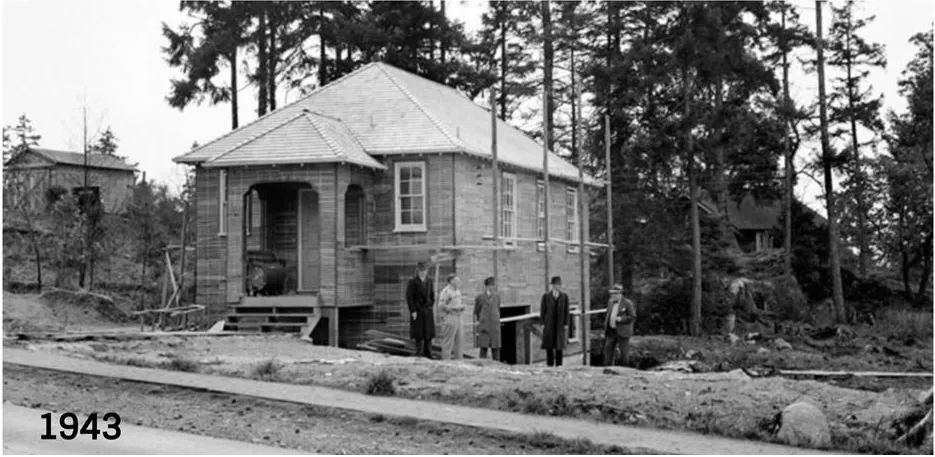 Black and white photograph of the View Royal Community Hall under construction in 1943