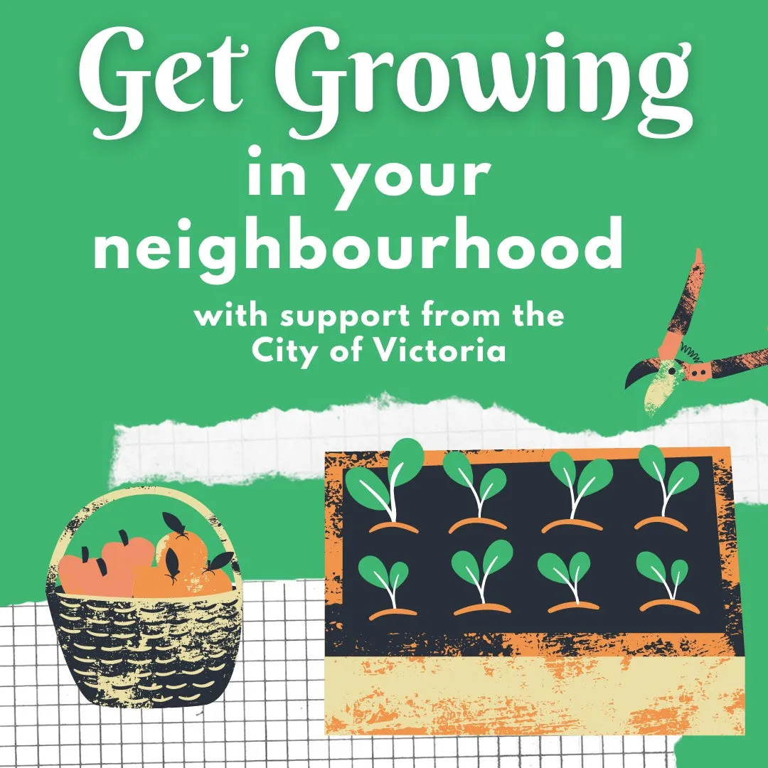Promotional graphic for "Get Growing in your neighbourhood with support from the City of Victoria" featuring a basket of produce and garden tools