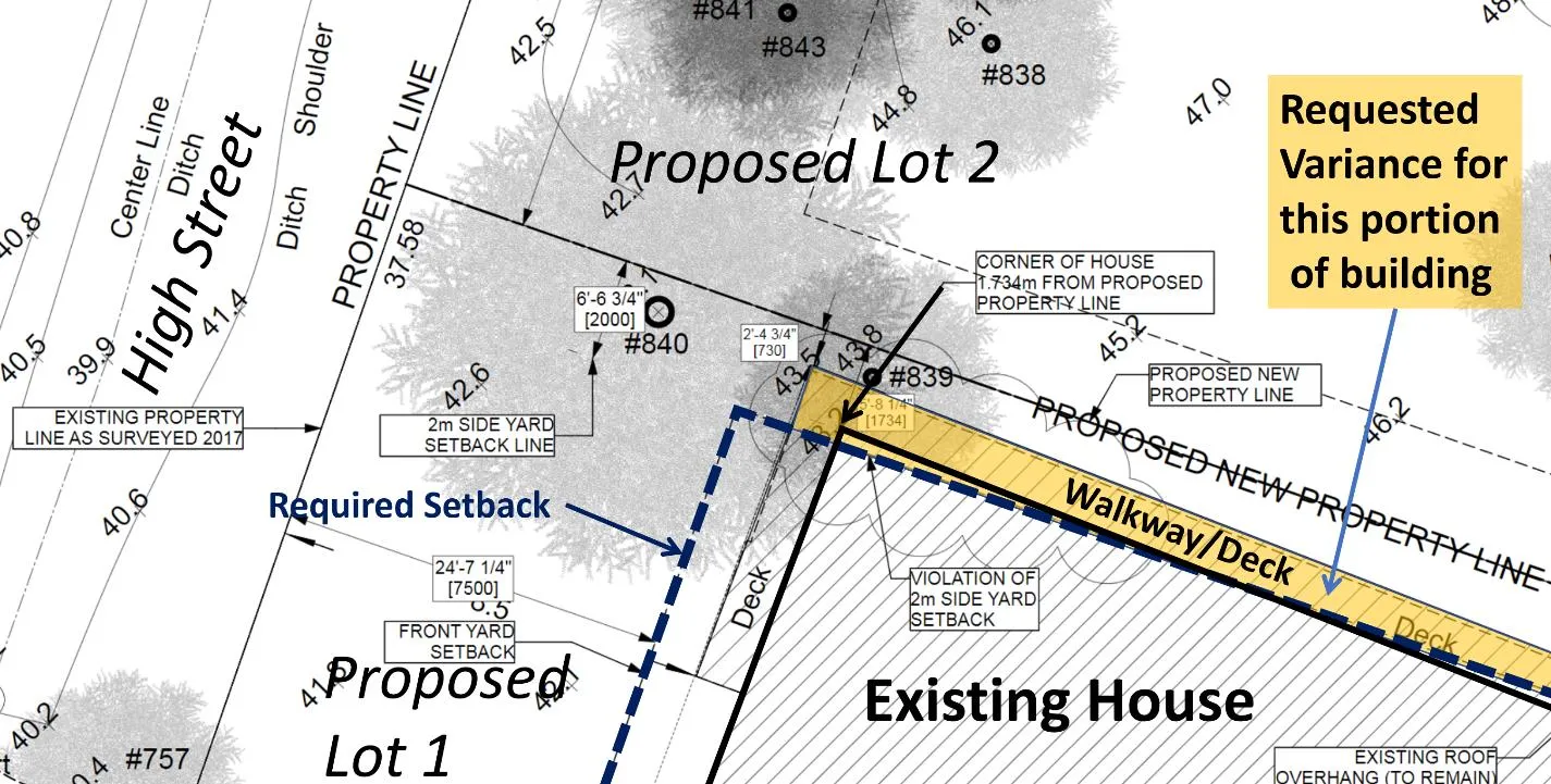 Detail of greatest extent of variance at the north corner of the building
