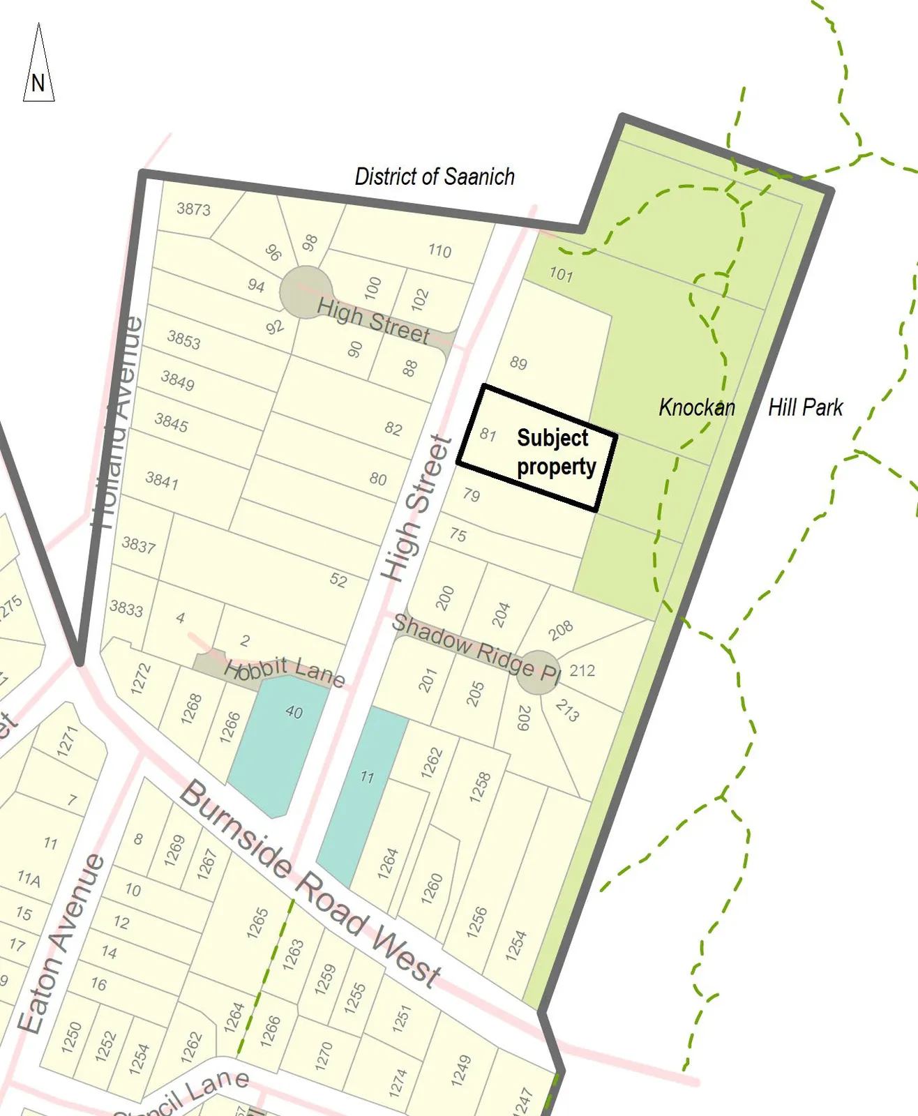 Subject property map showing the location of property 81 on High Street in the District of Saanich, bordered by Knockan Hill Park to the east and near Holland Avenue, Burnside Road West, and Hobbit Lane.