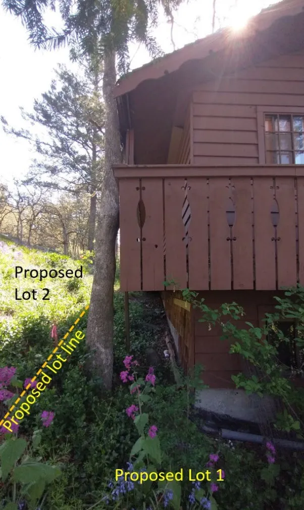 Photograph showing the existing building and the proposed lot line between Proposed Lot 1 and Proposed Lot 2