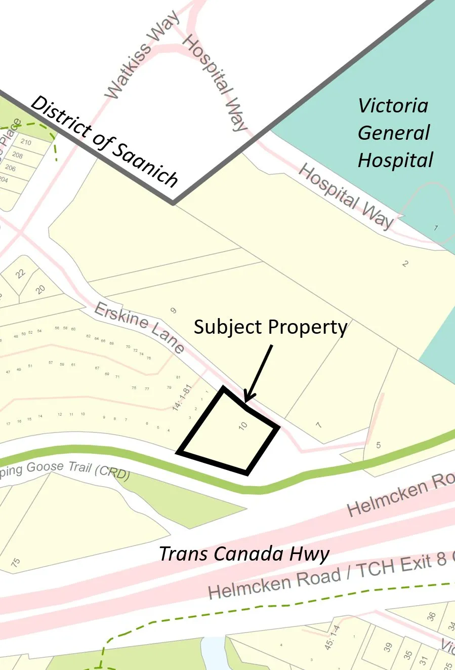 Location map showing the subject property outlined in black on Erskine Lane, situated near Victoria General Hospital, Watkiss Way, Hospital Way, Galloping Goose Trail (CRD), and the Trans Canada Highway / Helmcken Road.