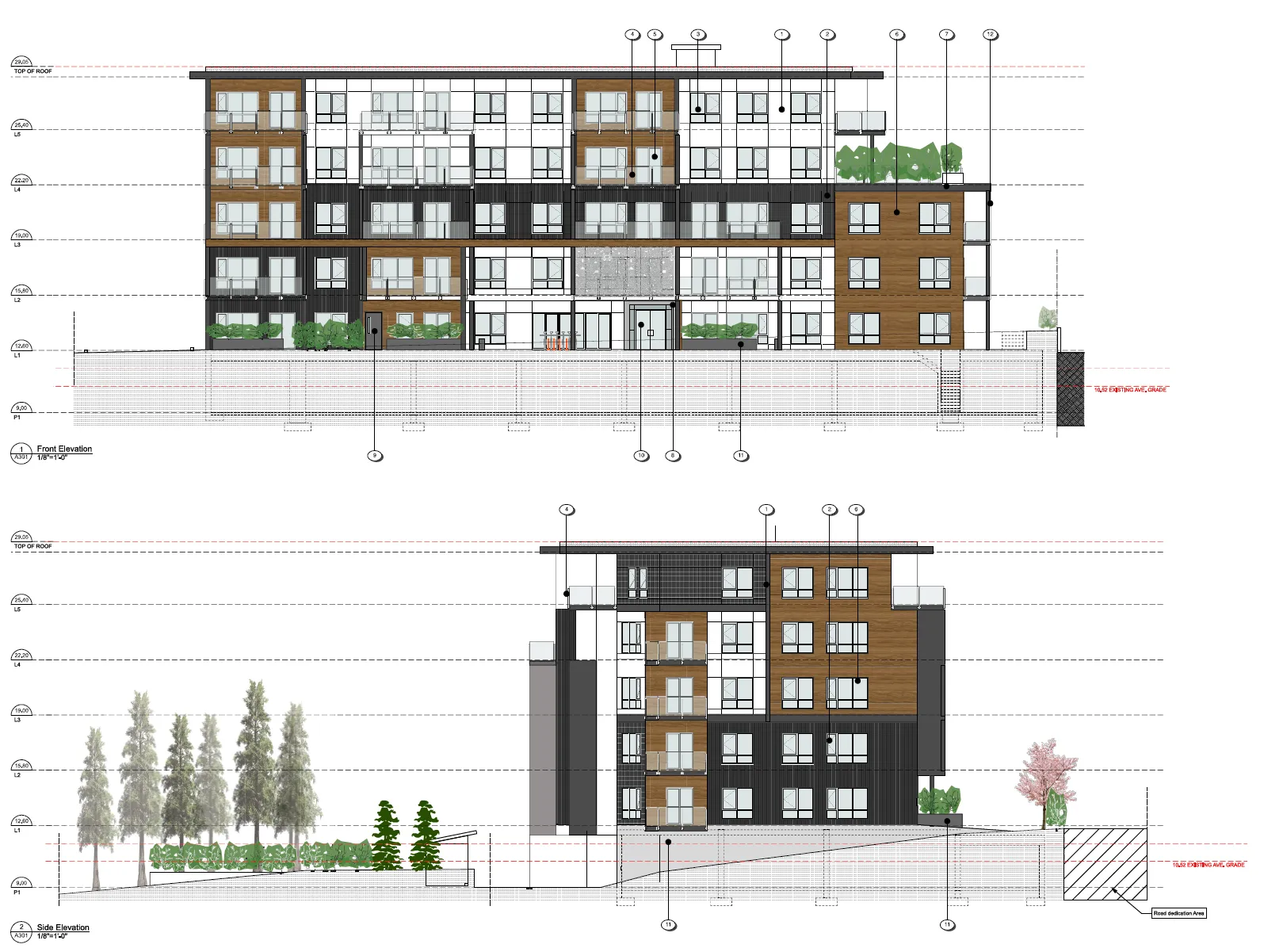 Architectural elevation drawings showing the "Front" and "Flanking" views of the proposed apartment building at 10 Erskine Lane.