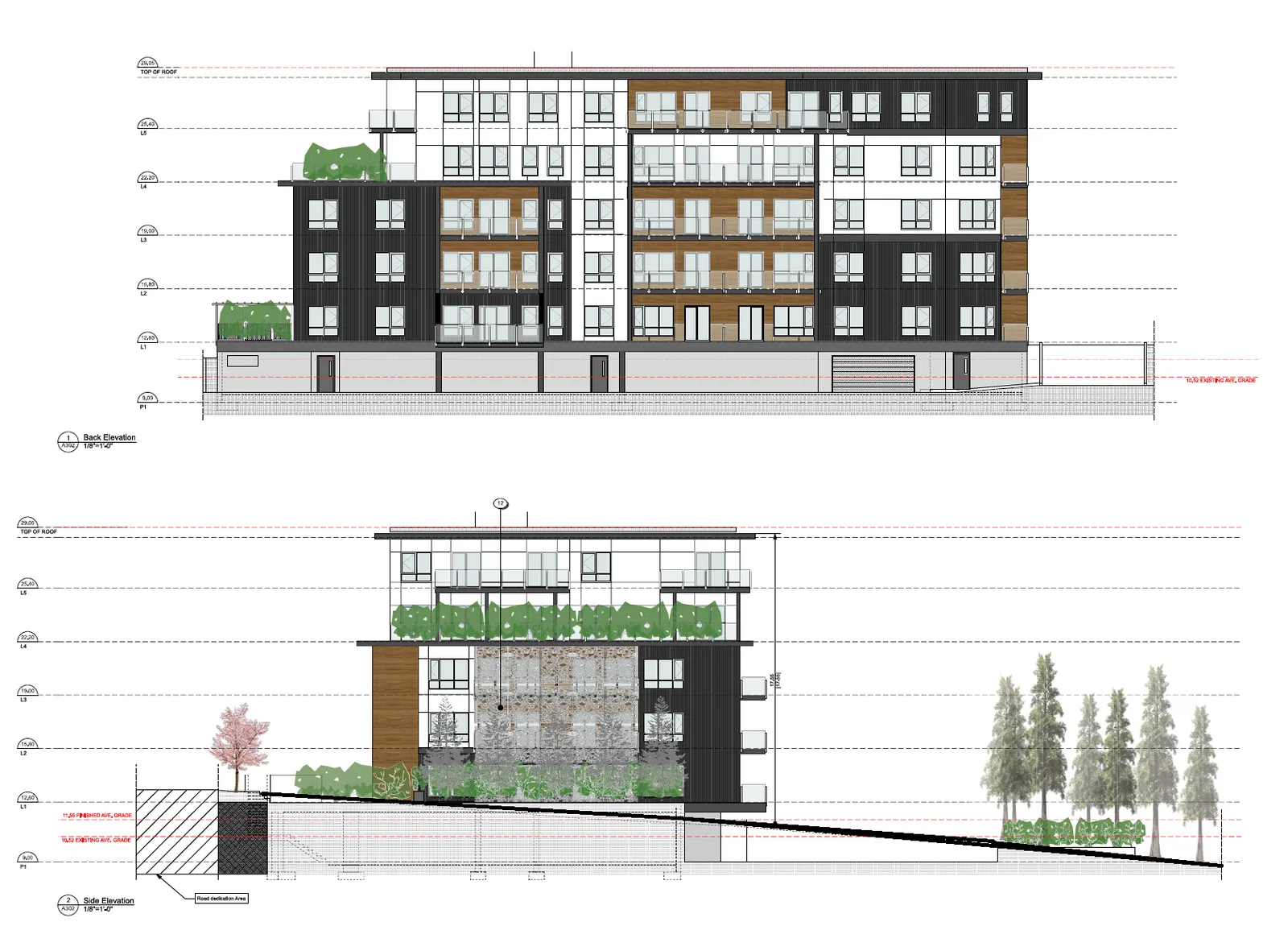 Architectural elevation drawings showing the "Rear" and "Side" views of the proposed apartment building at 10 Erskine Lane.