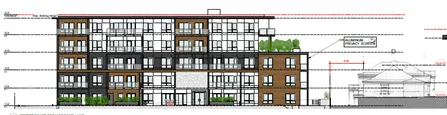 Architectural elevation illustrating building height transitions and the use of decorative aluminum privacy screens on balconies.