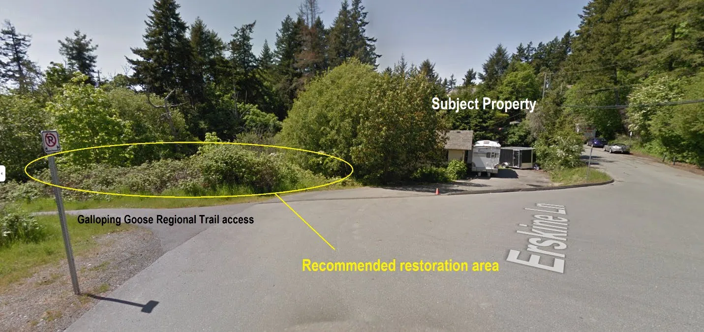 Photo showing the Erskine Lane cul-de-sac, the subject property, and the recommended restoration area near the Galloping Goose Regional Trail access.