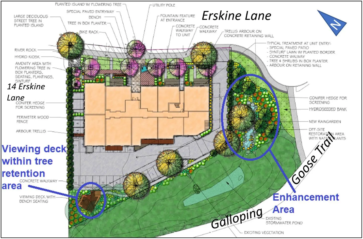 Landscape plan for 10 Erskine Lane detailing tree removal and retention areas, the proposed viewing deck, and enhancement areas near the Galloping Goose Trail.