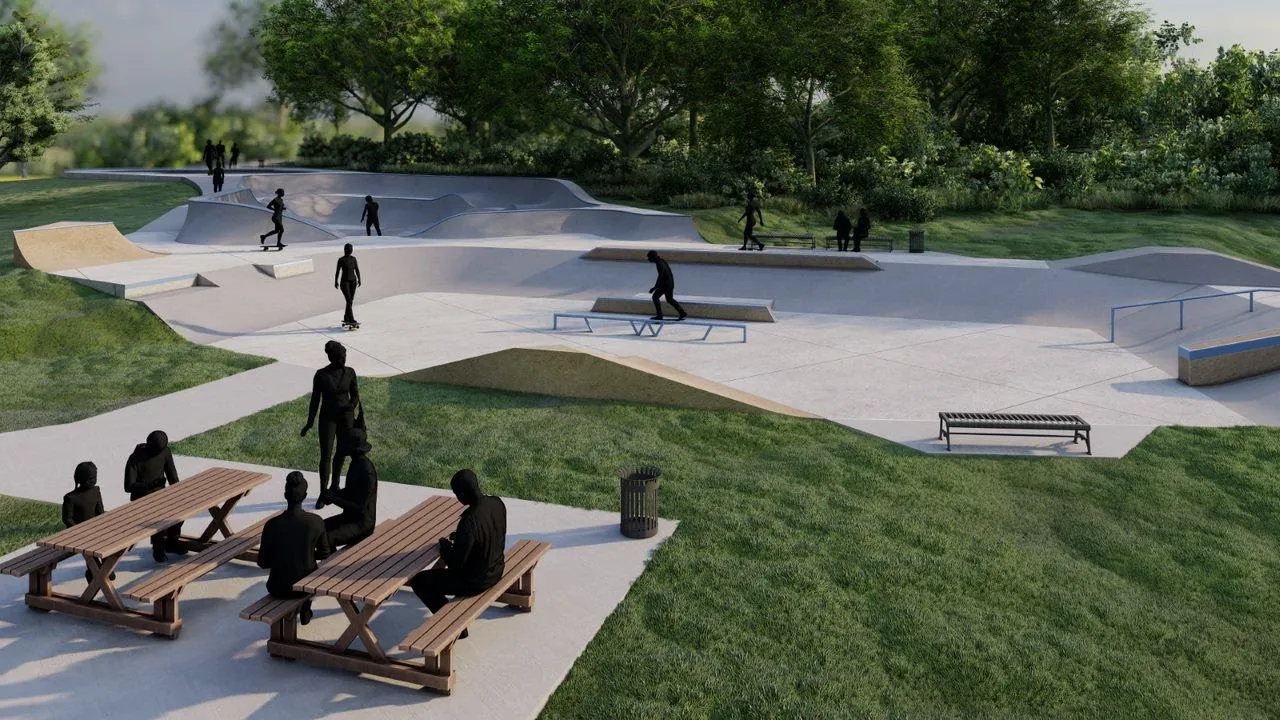Eye-level rendering of the planned skatepark featuring ramps, bowls, and seating areas