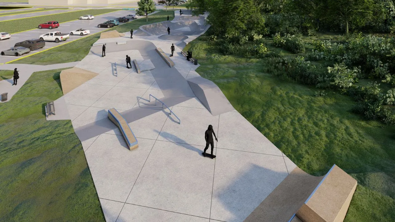 Aerial rendering of the planned skatepark showing the overall layout next to a parking lot and wooded area