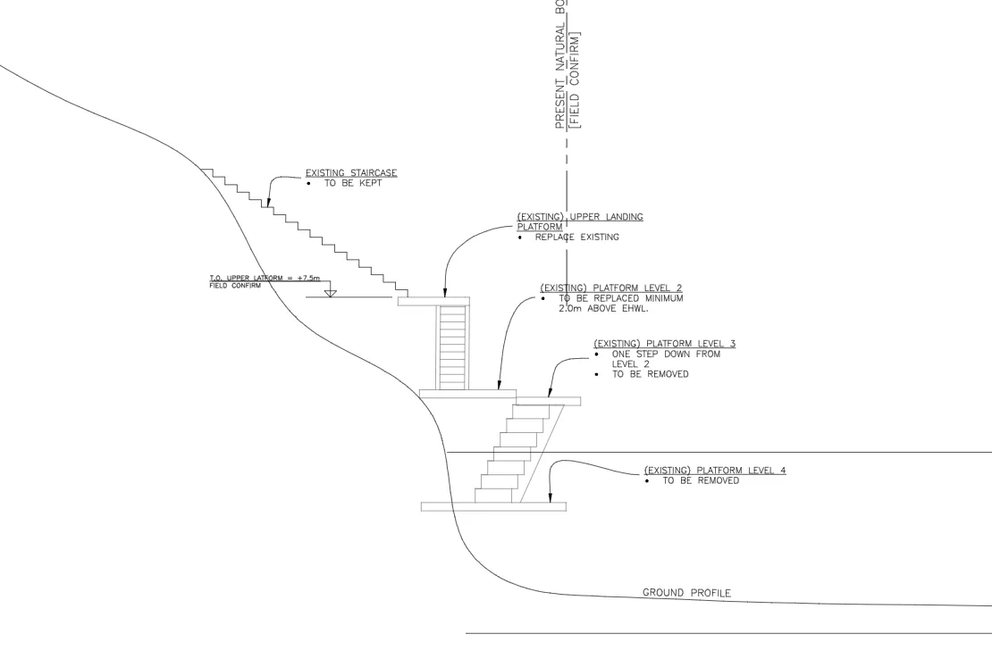 Technical diagram showing an existing staircase and multi-level platforms on a ground profile, with annotations indicating elements to be kept, replaced, or removed