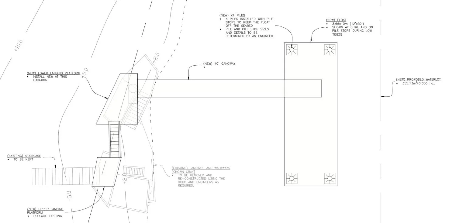 Architectural plan view diagram showing the site layout, proposed 40' gangway, float, and new pile locations