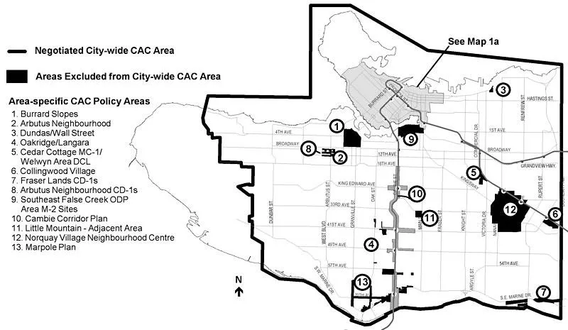 Map of Vancouver showing City-wide CAC areas and identifying 13 specific Area-specific CAC Policy Areas: 1. Burrard Slopes, 2. Arbutus Neighbourhood, 3. Dundas/Wall Street, 4. Oakridge/Langara, 5. Cedar Cottage MC-1/Welwyn Area DCL, 6. Collingwood Village, 7. Fraser Lands CD-1s, 8. Arbutus Neighbourhood CD-1s, 9. Southeast False Creek ODP Area M-2 Sites, 10. Cambie Corridor Plan, 11. Little Mountain - Adjacent Area, 12. Norquay Village Neighbourhood Centre, and 13. Marpole Plan.