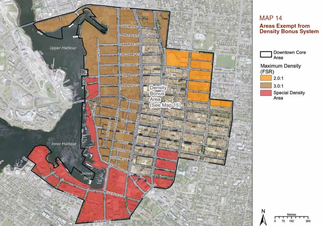 MAP 14 Areas Exempt from Density Bonus System, highlighting the Downtown Core Area, areas with maximum FSR of 2.0:1 or 3.0:1, and Special Density Areas.