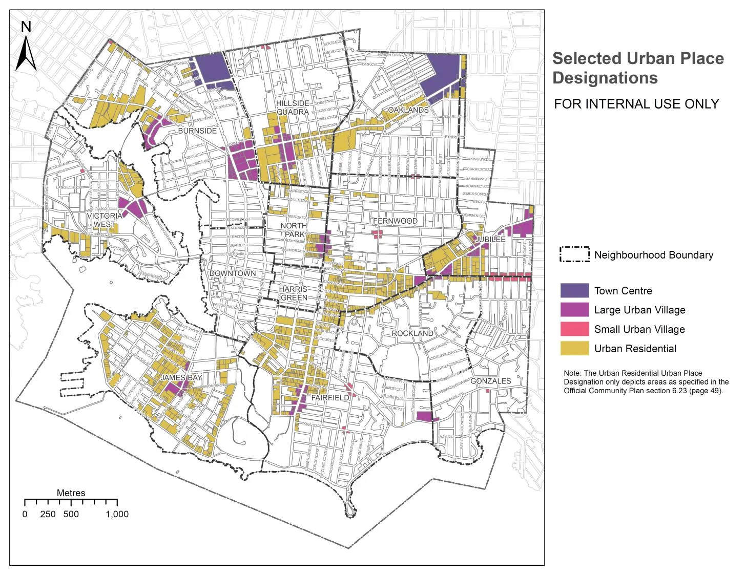 MAP 3 Study Area for Analysis outside of the Core Area, showing designations for Town Centre, Large Urban Village, Small Urban Village, and Urban Residential across the City of Victoria.