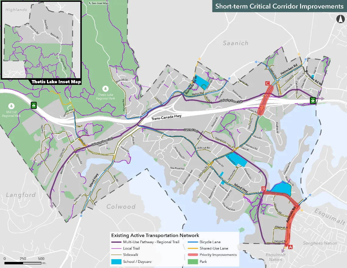 Map showing Short-term Critical Corridor Improvements for three main areas: Admirals Road (A), Island Highway (B), and the Helmcken Road Interchange (C).