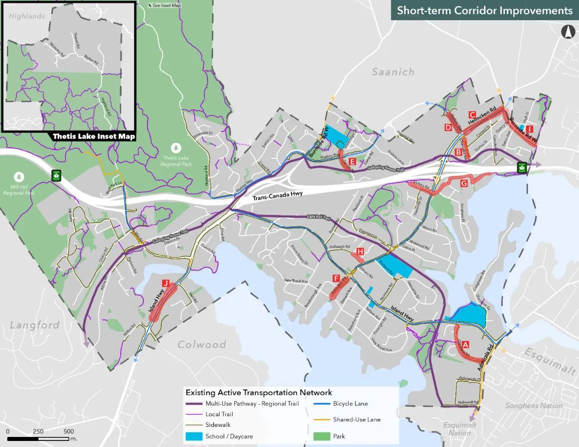 Map showing the locations of ten Additional Priority Projects labeled A through J across View Royal.