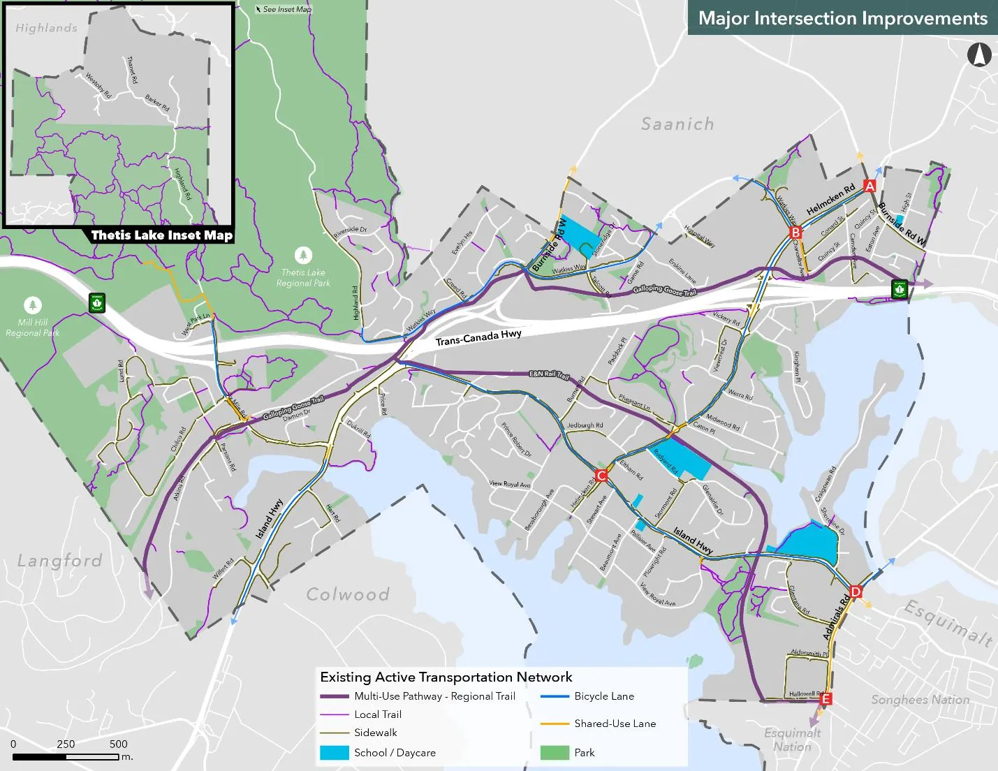Map showing locations of Major Intersection Improvement Reviews labeled A through E.