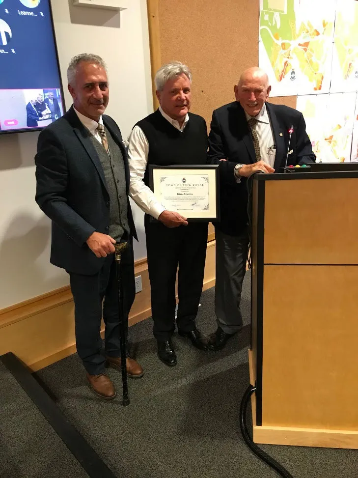 Certificate of Appreciation presentation to retiring Chief Administrative Officer Mr. Kim Anema with Mayor Tobias and former mayor Graham Hill