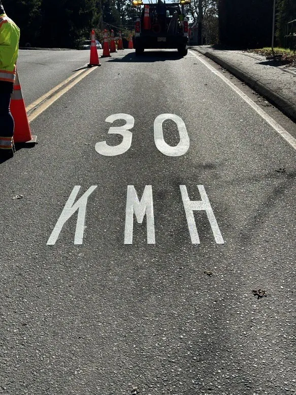 New 30 KMH road markings on Burnside Road West