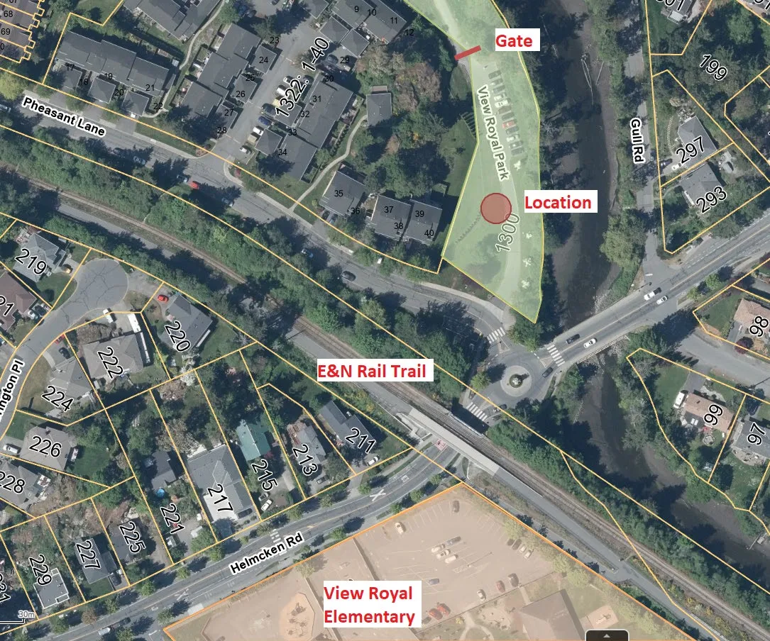 Aerial map of View Royal Park (Zoning P-3) showing the park layout, E&N Rail Trail, and a proposed location for commercial use.