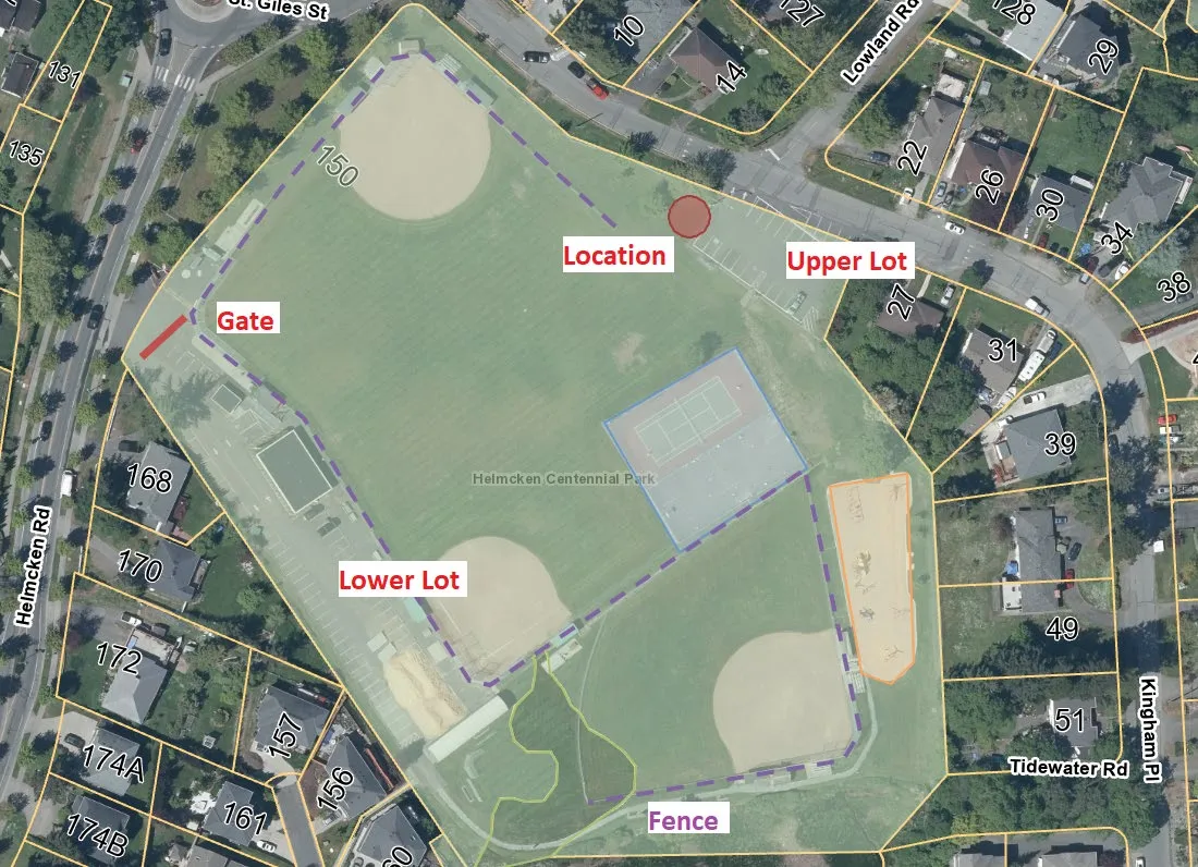 Aerial map of Helmcken Centennial Park (Zoning P-3) showing sports fields, tennis courts, parking lots, and a proposed location for food trucks between the upper and lower lots.