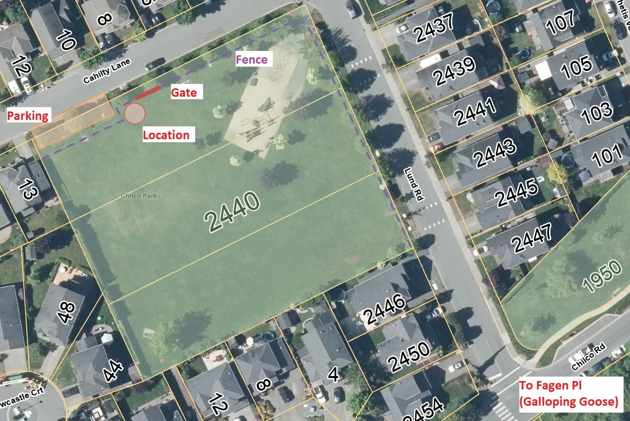 Aerial map of Chilco Park (Zoning P-3) showing the park area and a proposed location near the parking and gate on Cahilty Lane.
