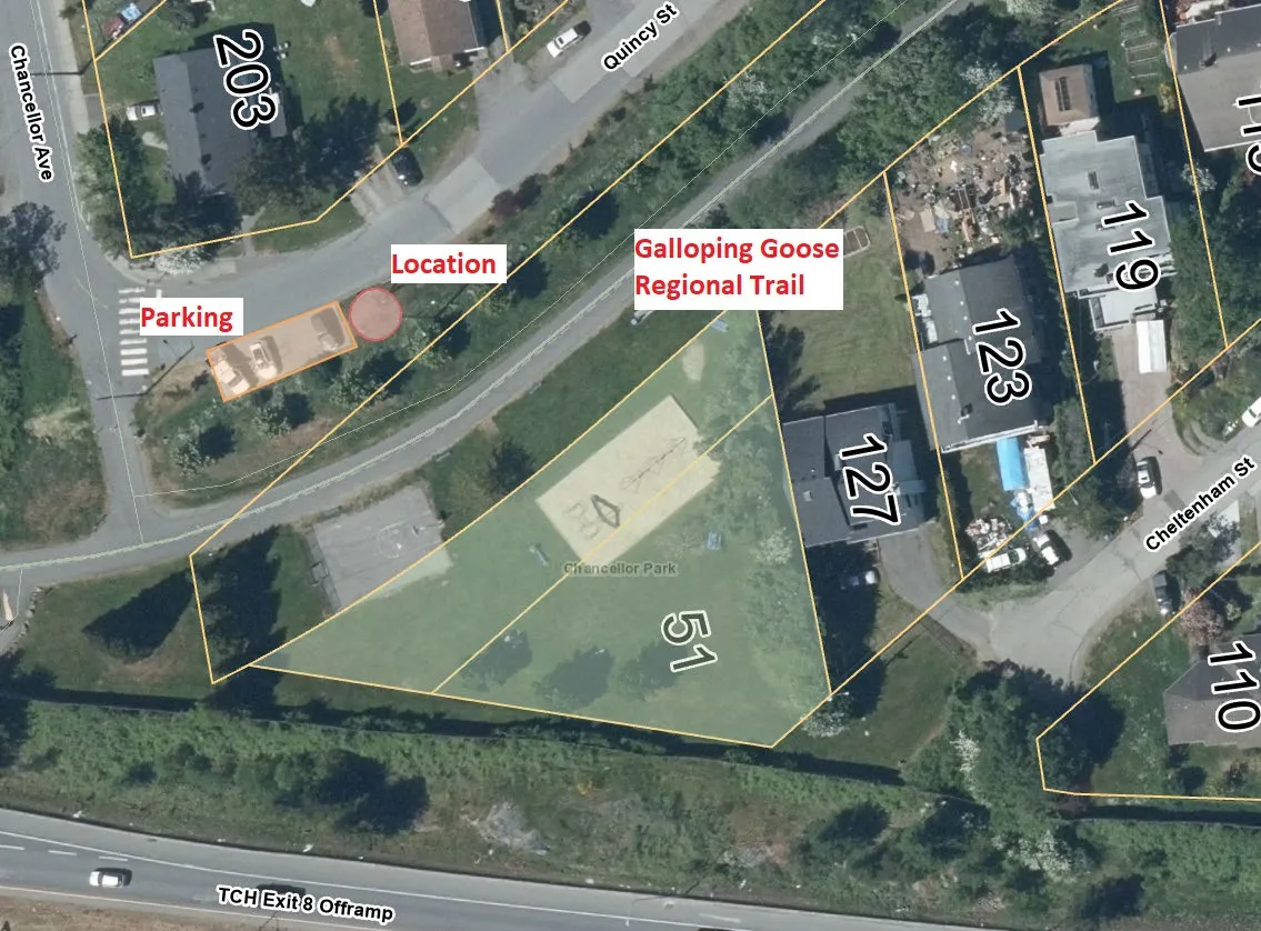Aerial map of Chancellor Park (Zoning P-3) showing the park layout, proximity to the Galloping Goose Regional Trail, parking, and a proposed location.