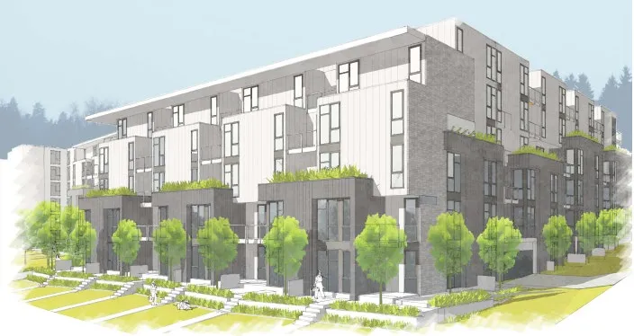 Conceptual rendering showing the perspective of the proposed residential building from the intersection of Island Highway and Prince Robert Drive.