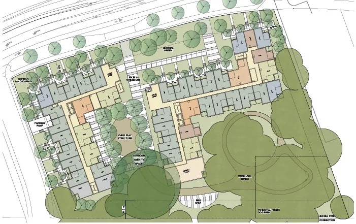 Conceptual site plan rendering showing building footprints, landscaping, and outdoor amenity spaces.