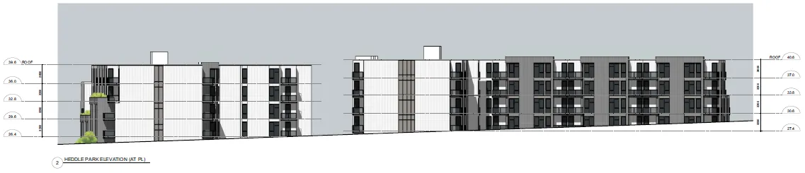 Digital elevation model showing the side of the building facing Heddle Park.