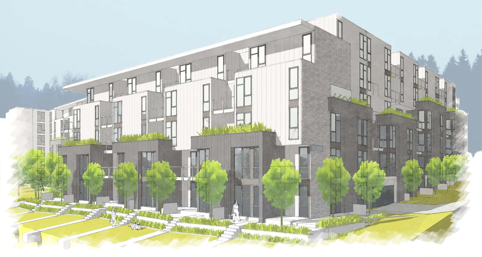 Perspective rendering of the multi-family residential building from Island Highway