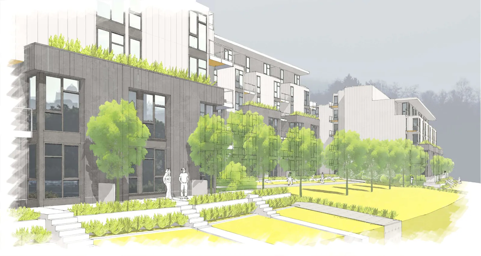 Ground-level perspective rendering showing building frontage and landscaping