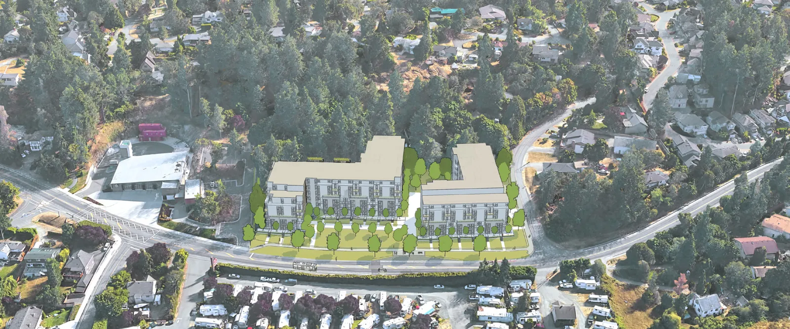 Aerial rendering of the proposed multi-family community development integrated into the existing neighborhood.