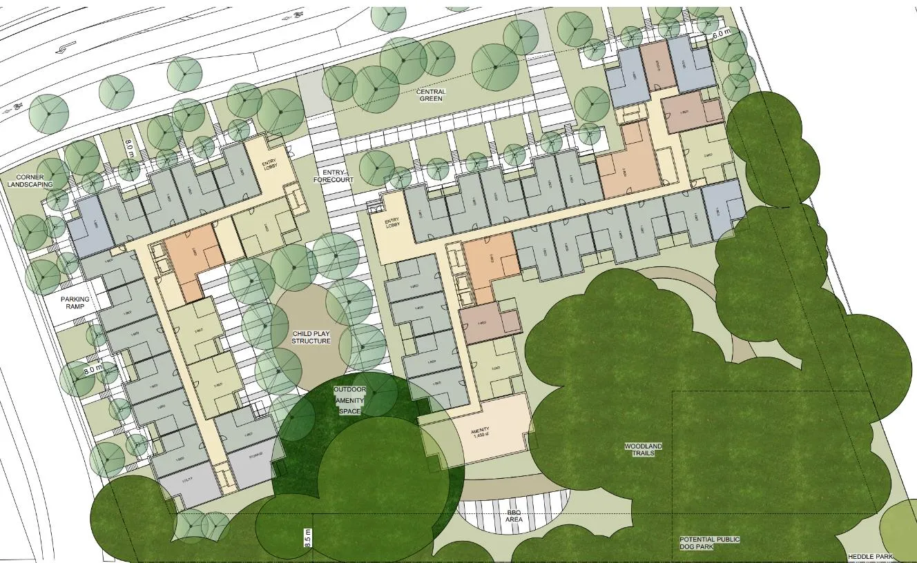 Conceptual site plan rendering showing building footprints, central green, outdoor amenity spaces, and landscaping