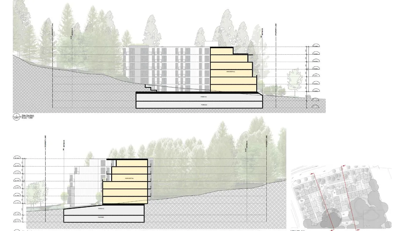 Conceptual building cross-section diagrams showing building height and massing relative to site topography